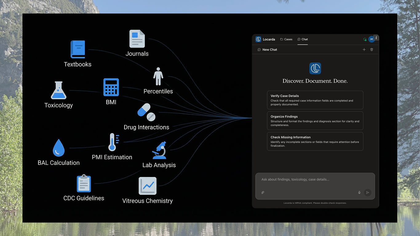 Locarda AI assistant with forensic knowledge sources including Toxicology, BMI, Lab Analysis, and more
